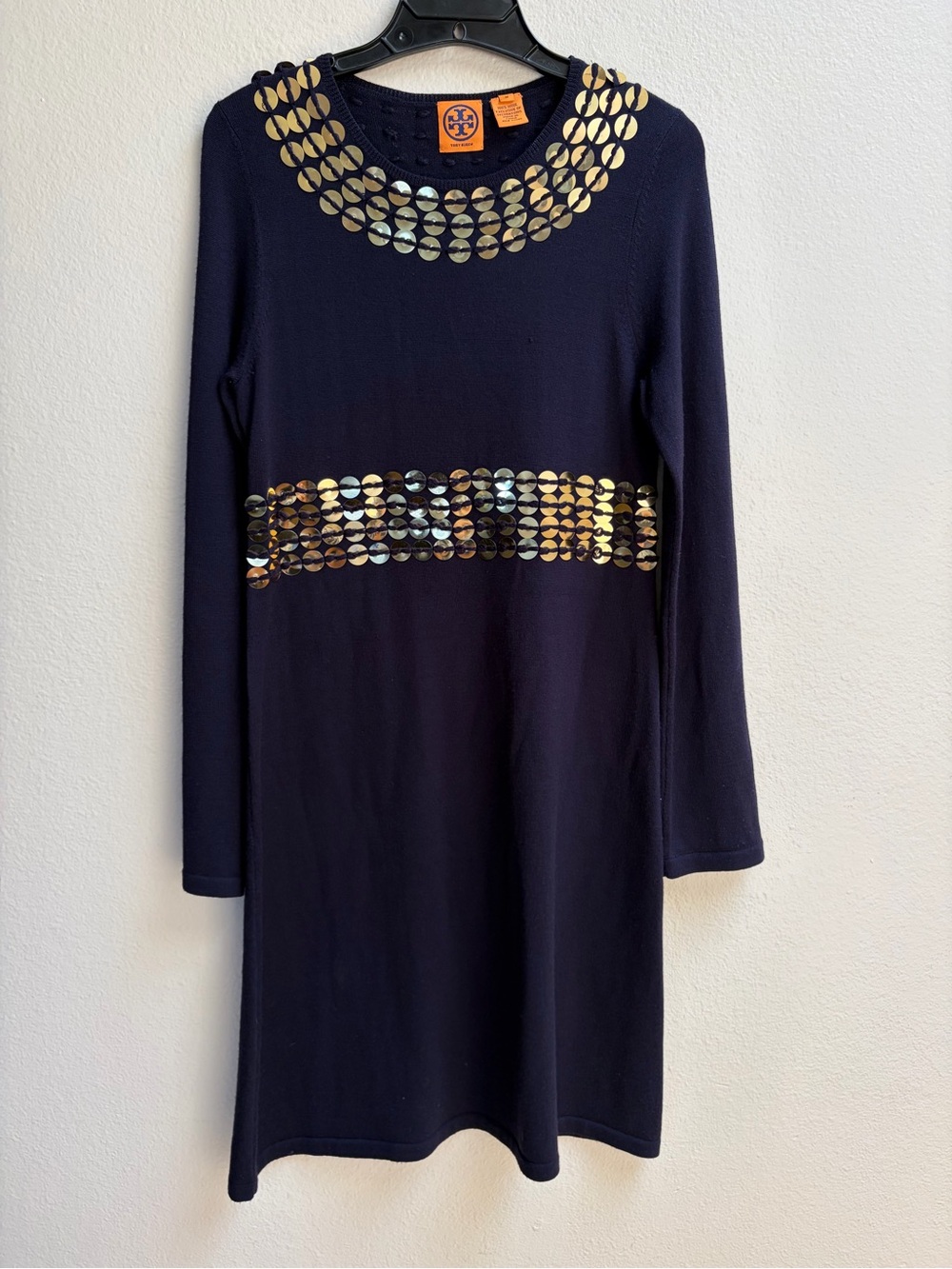 Tory Burch 100% Wool Sequin Embellished Sweater Dress Navy Blue Size medium
